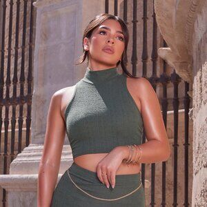 Pretty Little Thing Khaki Textured High Neck Top and High Waist Midaxi Skirt Set